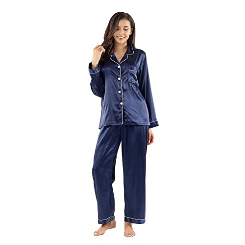 Gaeshow Damen-Schlafanzug-Set, Seidensatin, Pyjama-Set, langärmelige Nachtwäsche, Loungewear für alle Jahreszeiten dunkelblau Gr. L von GAESHOW