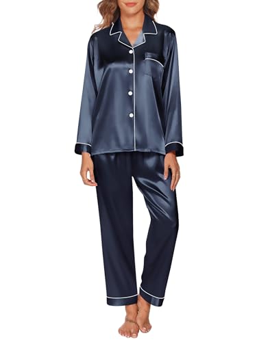 GAESHOW Schlafanzug Damen Satin Langarm Pyjama Set, Zweiteiliger Nachtwäsche Hausanzug mit Knopfleiste, Seide Loungewear Damen Set für Alle Jahreszeiten, S-XXL von GAESHOW
