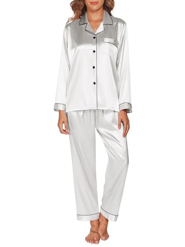 GAESHOW Schlafanzug Damen Satin Langarm Pyjama Set, Zweiteiliger Nachtwäsche Hausanzug mit Knopfleiste, Seide Loungewear Damen Set für Alle Jahreszeiten, S-XXL von GAESHOW