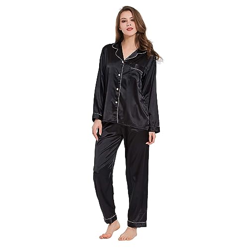 Gaeshow Damen-Schlafanzug-Set, Seidensatin, Pyjama-Set, langärmelige Nachtwäsche, Loungewear für alle Jahreszeiten Gr. 42, Schwarz von GAESHOW