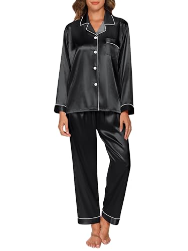 GAESHOW Schlafanzug Damen Satin Langarm Pyjama Set, Zweiteiliger Nachtwäsche Hausanzug mit Knopfleiste, Seide Loungewear Damen Set für Alle Jahreszeiten, S-XXL von GAESHOW