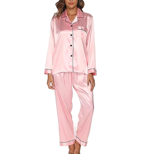 Gaeshow Damen-Schlafanzug-Set, Seidensatin, Pyjama-Set, langärmelige Nachtwäsche, Loungewear für alle Jahreszeiten Gr. 38, rose von GAESHOW