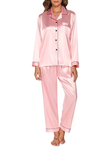 GAESHOW Schlafanzug Damen Satin Langarm Pyjama Set, Zweiteiliger Nachtwäsche Hausanzug mit Knopfleiste, Seide Loungewear Damen Set für Alle Jahreszeiten, S-XXL von GAESHOW