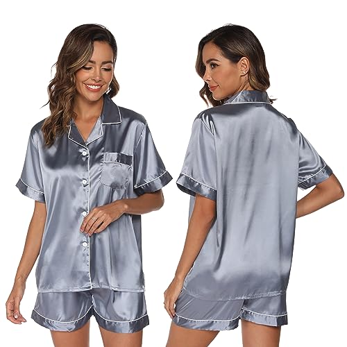 GAESHOW Damen-Schlafanzug-Set, Satin, Seide, kurzärmelig, Button-Down-Set, Schlafkleidung, Loungewear, zweiteilig, S-2XL, Grau+Blau, 38 von GAESHOW