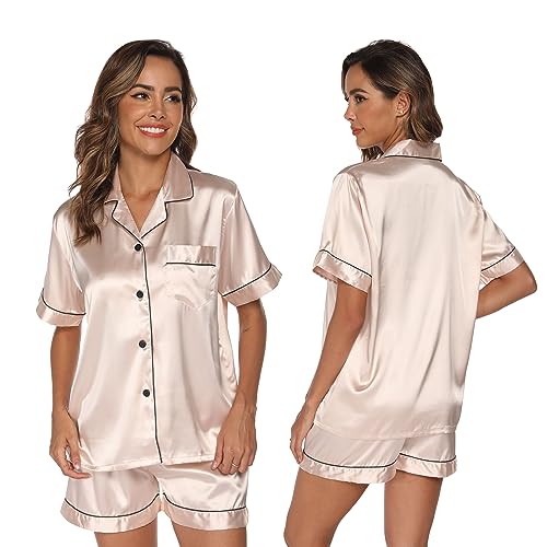 GAESHOW Damen-Schlafanzug-Set, Satin, Seide, kurzärmelig, Button-Down-Set, Schlafkleidung, Loungewear, zweiteilig, S-2XL, champagnerfarben, 48 von GAESHOW