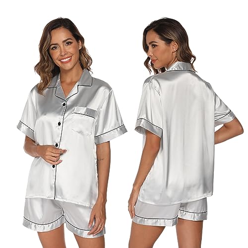 GAESHOW Damen-Schlafanzug-Set, Satin, Seide, kurzärmelig, Button-Down-Set, Schlafkleidung, Loungewear, zweiteilig, S-2XL, grau, 48 von GAESHOW