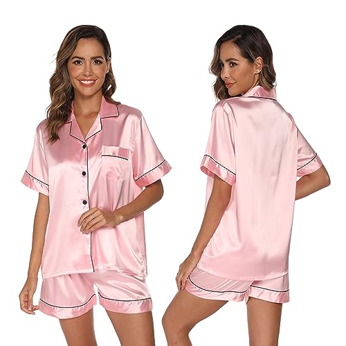 GAESHOW Damen-Schlafanzug-Set, Satin, Seide, kurzärmelig, Button-Down-Set, Schlafkleidung, Loungewear, zweiteilig, S-2XL, rose, 36 von GAESHOW