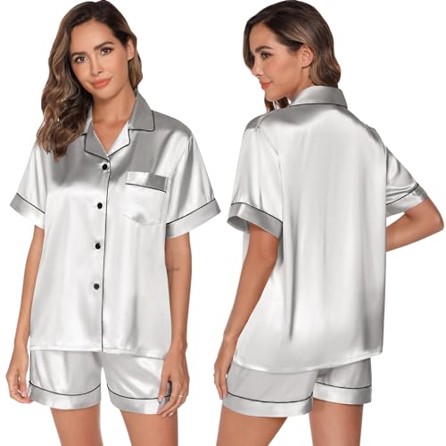GAESHOW Damen Schlafanzug Set, Satin Pyjamas Damen mit Knopfleiste, Kurzarm und Shorts Zweiteiliger, V-Ausschnitt Seide Hausanzug, Loungewear für Vier Jahreszeiten, S-XXL von GAESHOW