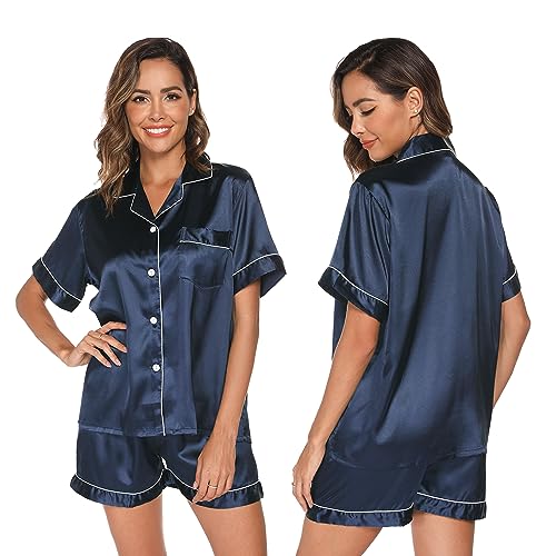 GAESHOW Damen-Schlafanzug-Set, Satin, Seide, kurzärmelig, Button-Down-Set, Schlafkleidung, Loungewear, zweiteilig, S-2XL, blau, 46 von GAESHOW