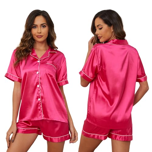 GAESHOW Damen-Schlafanzug-Set, Satin, Seide, kurzärmelig, Button-Down-Set, Schlafkleidung, Loungewear, zweiteilig, S-3XL von GAESHOW