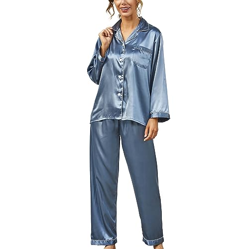 Gaeshow Damen-Schlafanzug-Set, Seidensatin, Pyjama-Set, langärmelige Nachtwäsche, Loungewear für alle Jahreszeiten Gr. Large, Grau+Blau von GAESHOW