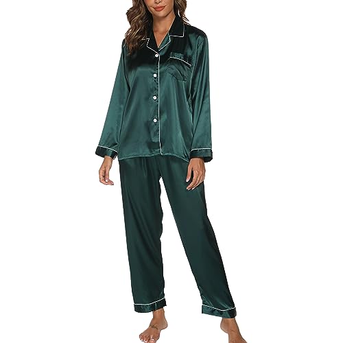 GAESHOW Satin Schlafanzug Damen, Zweiteiliger Damen Pyjama Set, Seide Langärmelig Nachtwäsche, Hausanzug mit Knopfleiste, Loungewear für alle Jahreszeiten von GAESHOW