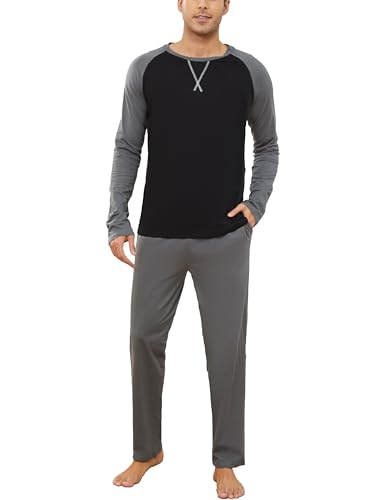 GAESHOW Herren Pyjama Set, Lang Herren Baumwoll Nachtwäsche, O-Ausschnitt Kontrastfarben Loungewear, Zweiteiliger Hausanzug Einschließen Langarm und Hose, S-XXL von GAESHOW