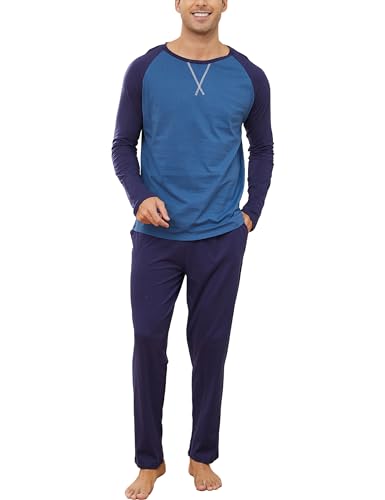 GAESHOW Herren Pyjama Set, Lang Herren Baumwoll Nachtwäsche, O-Ausschnitt Kontrastfarben Loungewear, Zweiteiliger Hausanzug Einschließen Langarm und Hose, S-XXL von GAESHOW