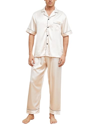 GAESHOW Herren Pyjama Set, Satin Herren Nachtwäsche, V-Ausschnitt Loungewear Seide, Zweiteiliger Hausanzug Einschließen, Kurzarm und Hose, S-XXL von GAESHOW