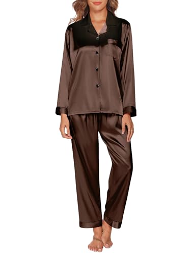 GAESHOW Schlafanzug Damen Satin Langarm Pyjama Set, Zweiteiliger Nachtwäsche Hausanzug mit Knopfleiste, Seide Loungewear Damen Set für Alle Jahreszeiten, S-XXL von GAESHOW