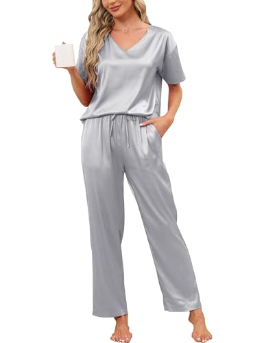 GAESHOW V-Ausschnitt Damen Pyjama Set, 2 Teilig Satin Schlafanzug, Seide Sleepwear Set für Wohnzimmer Home, Loungewear für alle Jahreszeiten, Ärmel und Hose,S-XXL GAESHOW V-Ausschnitt Damen Pyjama Set, 2 Teilig Satin Schlafanzug, Seide Sleepwear Set für Wohnzimmer Home, Loungewear für alle Jahreszeiten, Ärmel und Hose,S-XXL von GAESHOW