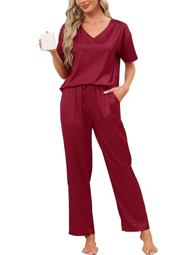GAESHOW V-Ausschnitt Damen Pyjama Set, 2 Teilig Satin Schlafanzug, Seide Sleepwear Set für Wohnzimmer Home, Loungewear für alle Jahreszeiten, Ärmel und Hose,S-XXL GAESHOW V-Ausschnitt Damen Pyjama Set, 2 Teilig Satin Schlafanzug, Seide Sleepwear Set für Wohnzimmer Home, Loungewear für alle Jahreszeiten, Ärmel und Hose,S-XXL von GAESHOW