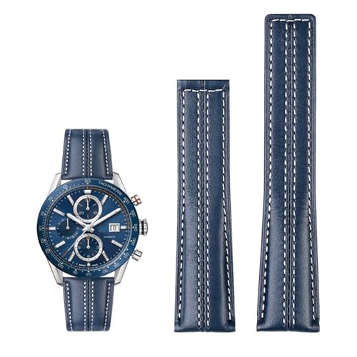 GAFNED 22 mm echtes Lederarmband für Tag Heuer-Uhr Carrera Monaco Herrenarmbanduhr Rindsleder-Faltschließe(Blue no buckle) von GAFNED