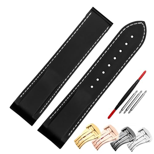 GAFNED Gummi-Uhrenarmband, 20 mm, 22 mm, Silikon-Armband, geeignet für Omega-Uhrenarmband, Faltschließe, gebogenes Ende, Armbanduhren, Gürtel(Black white,20mm rose buckle) von GAFNED