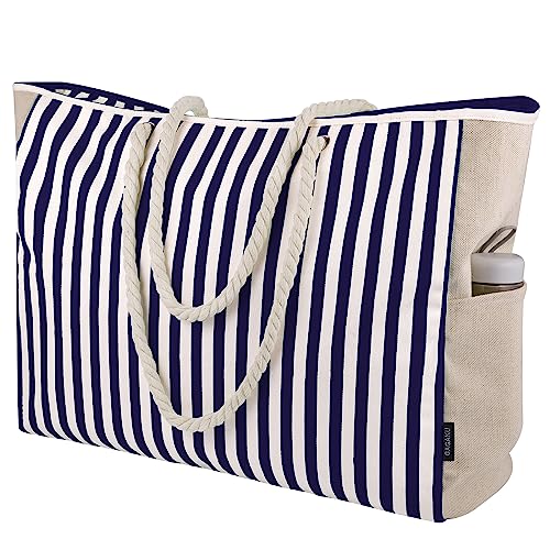 GAGAKU Strandtasche XXL Familie Badetasche für Damen Extra Große Strandtasche mit Reißverschluss, Sanddichtes Segeltuch Beach Bag Reisen Strand Tasche - Marineblau Gestreift von GAGAKU