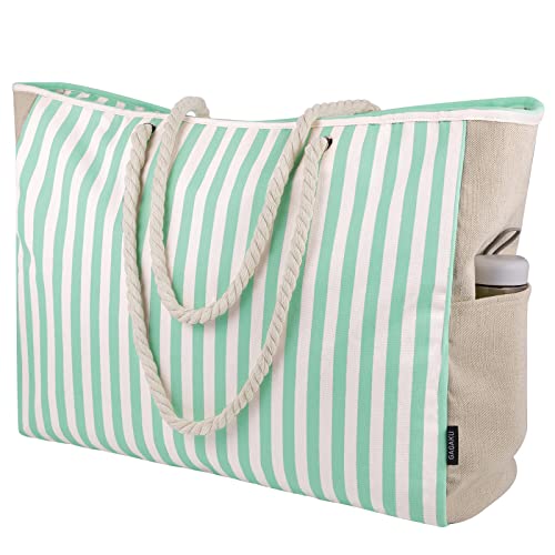 GAGAKU Strandtasche XXL Familie Badetasche für Damen Extra Große Strandtasche mit Reißverschluss, Sanddichtes Segeltuch Beach Bag Reisen Strand Tasche - Grün Gestreift von GAGAKU