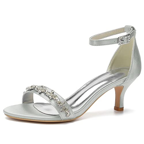 GAGALU Strömung Riemchen Design Sandalen, Kätzchen Fersenschnallen Damen Sommer High Heels,Silber,43 EU von GAGALU