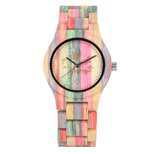 GAGALU Vintage stilvolle bunte Bambus-Holz-Quarz-Armbanduhr für Männer und Frauen, Faltschließe, Vollholzband, Paaruhren, Damen 2, Armband von GAGALU