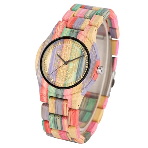 GAGALU Vintage stilvolle bunte Bambus-Holz-Quarz-Armbanduhr für Männer und Frauen, Faltschließe, Vollholzband, Paaruhren, Damen1 von GAGALU