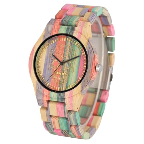 GAGALU Vintage stilvolle bunte Bambus-Holz-Quarz-Armbanduhr für Männer und Frauen, Faltschließe, Vollholzband, Paaruhren, Herren 1, Armband von GAGALU