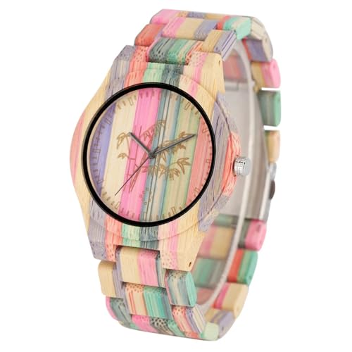 GAGALU Vintage stilvolle bunte Bambus-Holz-Quarz-Armbanduhr für Männer und Frauen, Faltschließe, Vollholzband, Paaruhren, Herren 2 von GAGALU