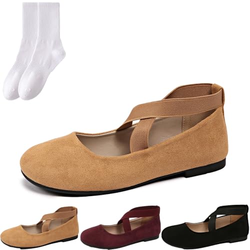 Damen-Ballerinas mit elastischen überkreuzten Riemen, niedriger Keilabsatz, Damen-Slipper aus Wildlederimitat, leicht, flach, bequem, braun, 0 UK Damen-Ballerinas mit elastischen überkreuzten Riemen, niedriger Keilabsatz, Damen-Slipper aus Wildlederimitat, leicht, flach, bequem, braun, 0 UK von GAGFDA