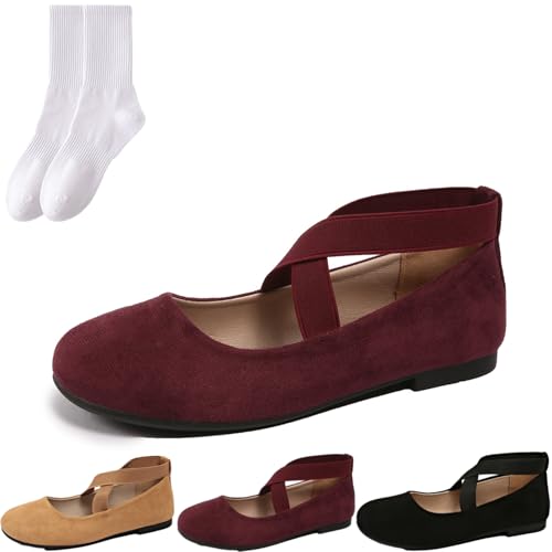 Damen-Ballerinas mit elastischen überkreuzten Riemen, niedriger Keilabsatz, Damen-Slipper aus Wildlederimitat, leicht, flach, bequem, dunkelrot, 0 UK Damen-Ballerinas mit elastischen überkreuzten Riemen, niedriger Keilabsatz, Damen-Slipper aus Wildlederimitat, leicht, flach, bequem, dunkelrot, 0 UK von GAGFDA