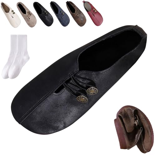 Damen Leder Weiche Unterseite Rutschfeste Schuhe Orthopädische Loafer Frauen Retro Leicht Bequem Weiches Leder Slip on Ballerinas Schuhe mit Knopf, Schwarz , 0 UK von GAGFDA
