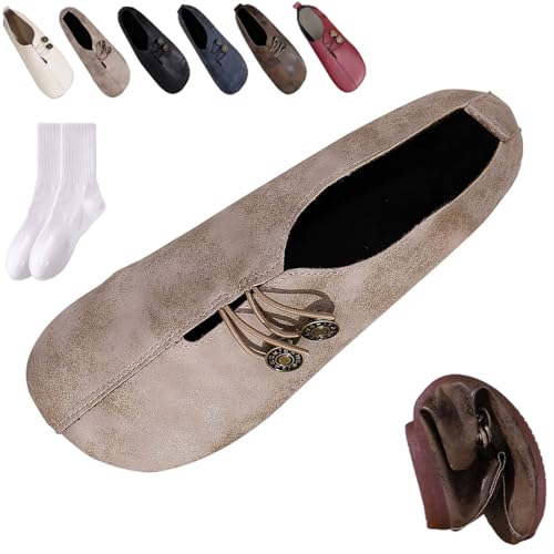 Damen Leder Weiche Unterseite Rutschfeste Schuhe Orthopädische Loafer Frauen Retro Leicht Bequem Weiches Leder Slip on Ballerinas Schuhe mit Knopf, beige, 0 UK von GAGFDA