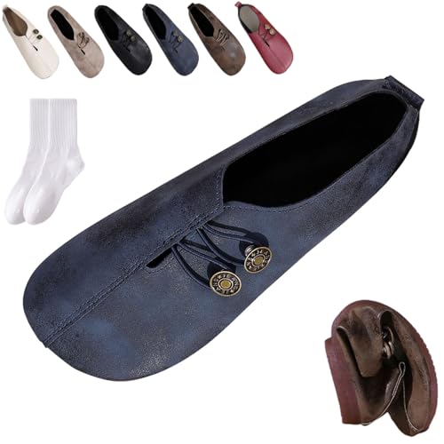Damen Leder Weiche Unterseite Rutschfeste Schuhe Orthopädische Loafer Frauen Retro Leicht Bequem Weiches Leder Slip on Ballerinas Schuhe mit Knopf, blau, 0 UK von GAGFDA