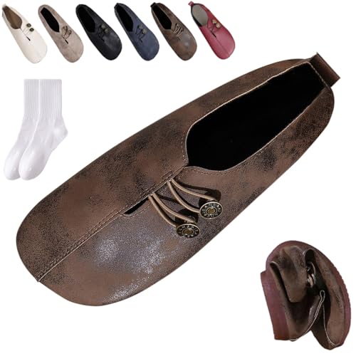 Damen Leder Weiche Unterseite Rutschfeste Schuhe Orthopädische Loafer Frauen Retro Leicht Bequem Weiches Leder Slip on Ballerinas Schuhe mit Knopf, braun, 0 UK von GAGFDA