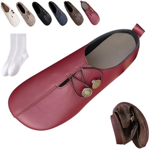 Damen Leder Weiche Unterseite Rutschfeste Schuhe Orthopädische Loafer Frauen Retro Leicht Bequem Weiches Leder Slip on Ballerinas Schuhe mit Knopf, dunkelrot, 0 UK von GAGFDA