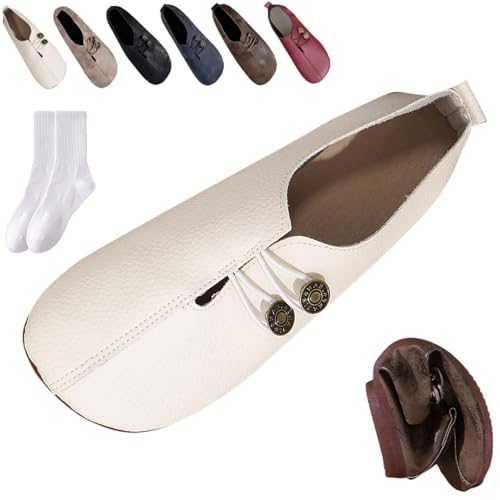 Damen Leder Weiche Unterseite Rutschfeste Schuhe Orthopädische Loafer Frauen Retro Leicht Bequem Weiches Leder Slip on Ballerinas Schuhe mit Knopf, weiß, 0 UK von GAGFDA