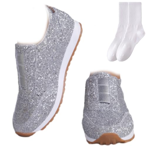 Damen Mode Funkelnde Glitzer Slip-On Turnschuhe Pailletten Schuhe Frauen Bequeme rutschfeste Casual Flache Loafers Sparkly Leichte Walking Sneakers Schuhe, silber, 0 UK von GAGFDA