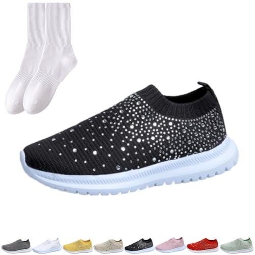 Damen Strass Atmungsaktive Orthopädische Slip On Walking Schuhe Damen Glitzer Turnschuhe Leichte Bequeme Flache Loafers Schuhe Sparkly Sneaker für Frauen, Schwarz , 38 EU Damen Strass Atmungsaktive Orthopädische Slip On Walking Schuhe Damen Glitzer Turnschuhe Leichte Bequeme Flache Loafers Schuhe Sparkly Sneaker für Frauen, Schwarz , 38 EU von GAGFDA