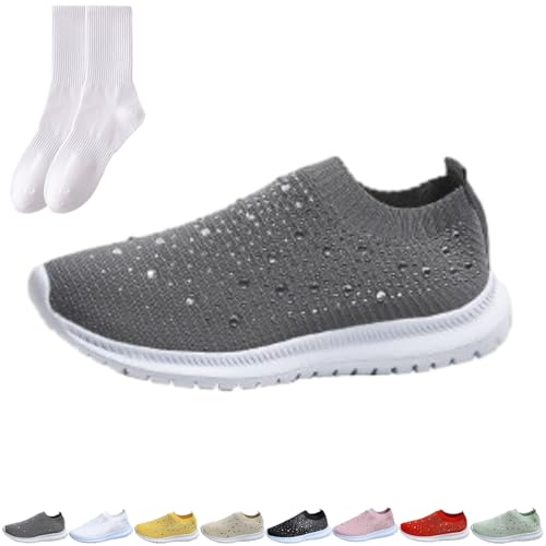 Damen Strass Atmungsaktive Orthopädische Slip On Walking Schuhe Damen Glitzer Turnschuhe Leichte Bequeme Flache Loafers Schuhe Sparkly Sneaker für Frauen, grau, 38 EU von GAGFDA