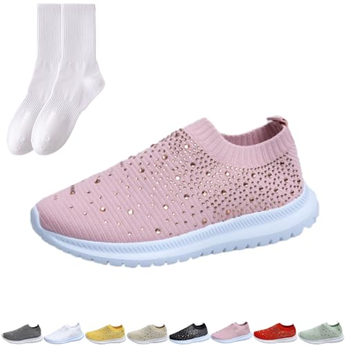 Damen Strass Atmungsaktive Orthopädische Slip On Walking Schuhe Damen Glitzer Turnschuhe Leichte Bequeme Flache Loafers Schuhe Sparkly Sneaker für Frauen, rose, 38 EU von GAGFDA