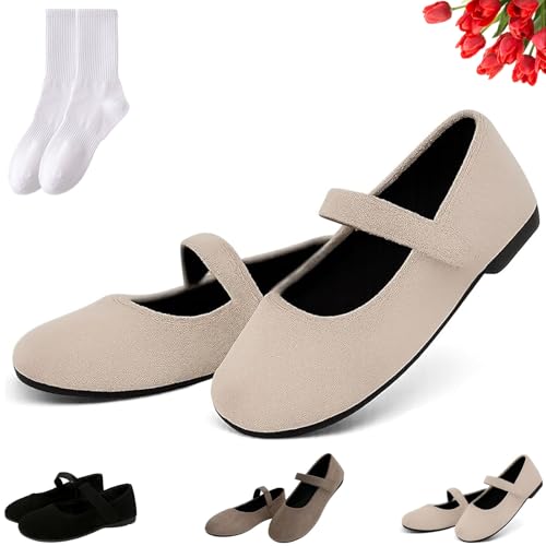 Damen Vintage Mary Jane Ballerinas Frauen Casual Faux Suede Slip On Flat Loafers, Damen Elegant Bequem Runde Zehen Mary Jane Schuhe für Büro Arbeit, beige, 0 UK von GAGFDA