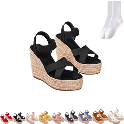 Elegante Espadrilles-Sandalen für Damen, Keilabsatz, lässig, Sommer, Peep-Toe, High Heels, Sandalen, bequem, offener Zehenbereich, Plateauschuhe für Hochzeit, Party, Abend, Schwarz , 0 UK von GAGFDA