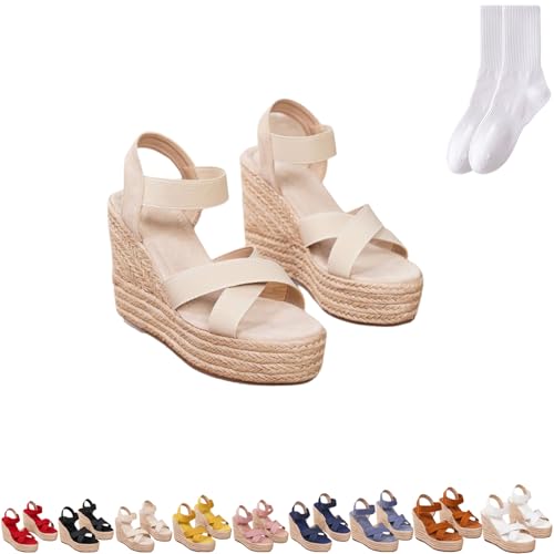 Elegante Espadrilles-Sandalen für Damen, Keilabsatz, lässig, Sommer, Peep-Toe, High Heels, Sandalen, bequem, offener Zehenbereich, Plateauschuhe für Hochzeit, Party, Abend, aprikose, 0 UK von GAGFDA