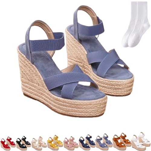 Elegante Espadrilles-Sandalen für Damen, Keilabsatz, lässig, Sommer, Peep-Toe, High Heels, Sandalen, bequem, offener Zehenbereich, Plateauschuhe für Hochzeit, Party, Abend, blau, 0 UK von GAGFDA