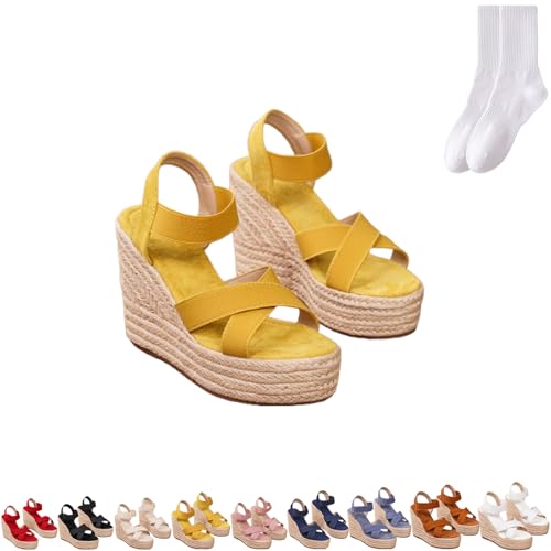 Elegante Espadrilles-Sandalen für Damen, Keilabsatz, lässig, Sommer, Peep-Toe, High Heels, Sandalen, bequem, offener Zehenbereich, Plateauschuhe für Hochzeit, Party, Abend, gelb, 0 UK von GAGFDA