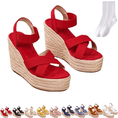 Elegante Espadrilles-Sandalen für Damen, Keilabsatz, lässig, Sommer, Peep-Toe, High Heels, Sandalen, bequem, offener Zehenbereich, Plateauschuhe für Hochzeit, Party, Abend, rot, 0 UK von GAGFDA
