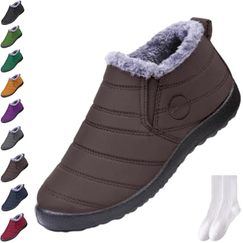 GAGFDA Bequeme wasserdichte rutschfeste warme Schneestiefel für Damen Winter Outdoor Warm Orthopädische Pelz Gefüttert Stiefeletten Leichte Schlupfschuhe, braun, 0 UK von GAGFDA
